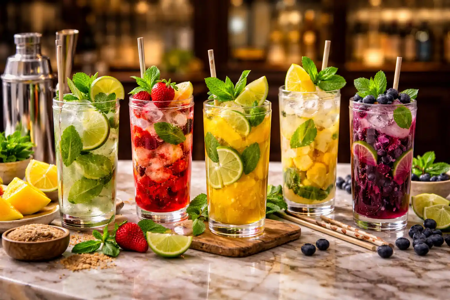 Five no-alcohol mojito recipes in tall glasses with fresh mint, lime, strawberries, mango, pineapple, and blueberries on a wooden table.