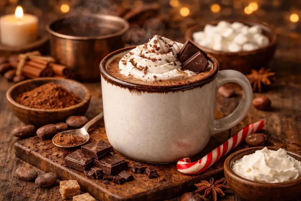 A warm cup of hot chocolate topped with whipped cream and chocolate pieces