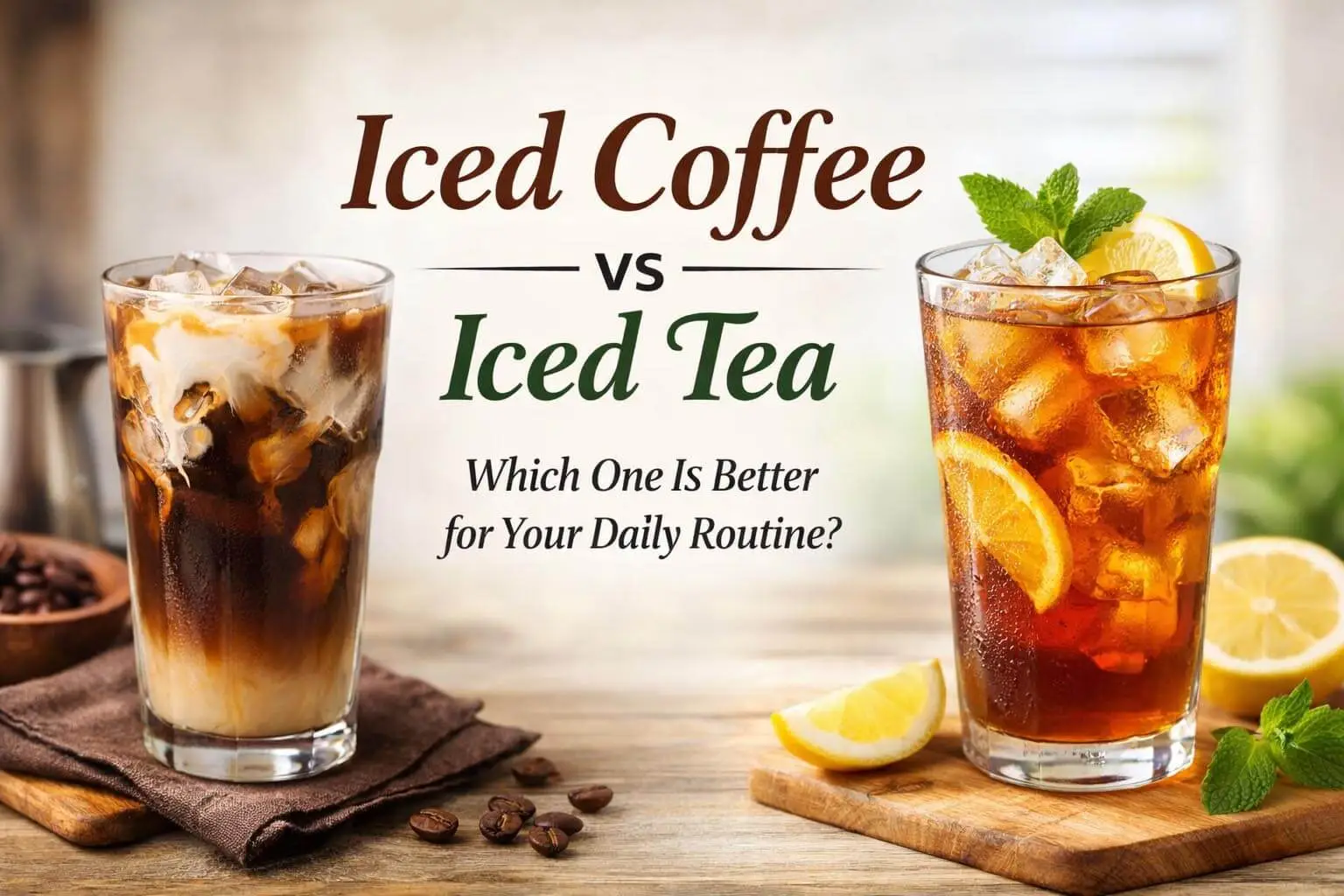 Iced coffee vs iced tea served in glasses, showing the difference between a bold iced coffee and a refreshing iced tea for daily routines