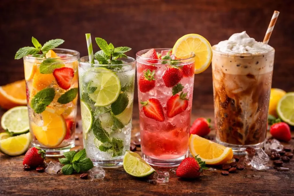 A selection of refreshing non-alcoholic cold drinks served with fresh fruit and ice