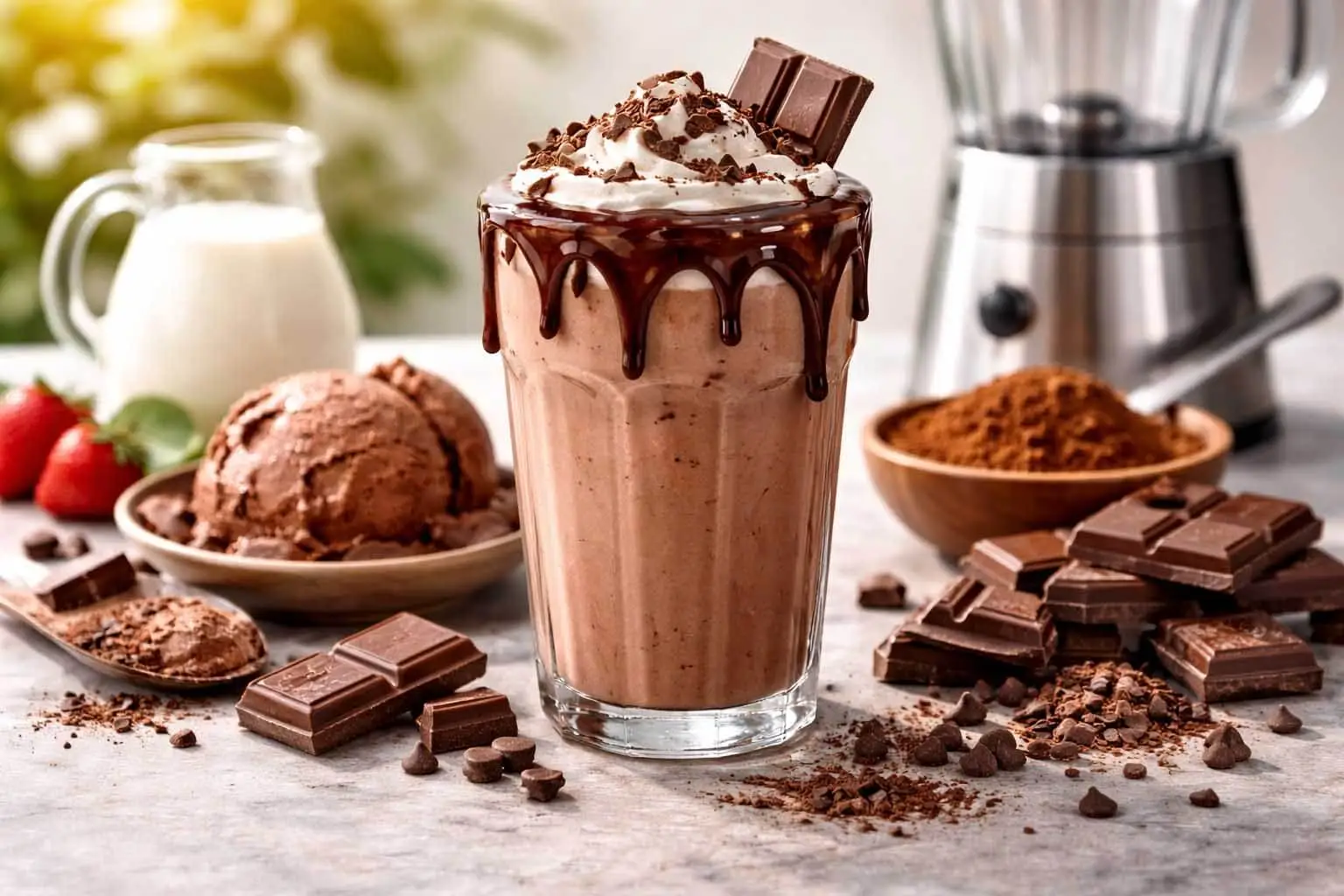 Classic chocolate milkshake served in a tall glass with creamy texture and rich cocoa flavor