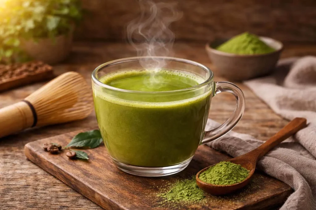 A warm cup of hot matcha green tea with soft steam in a calm minimalist setting