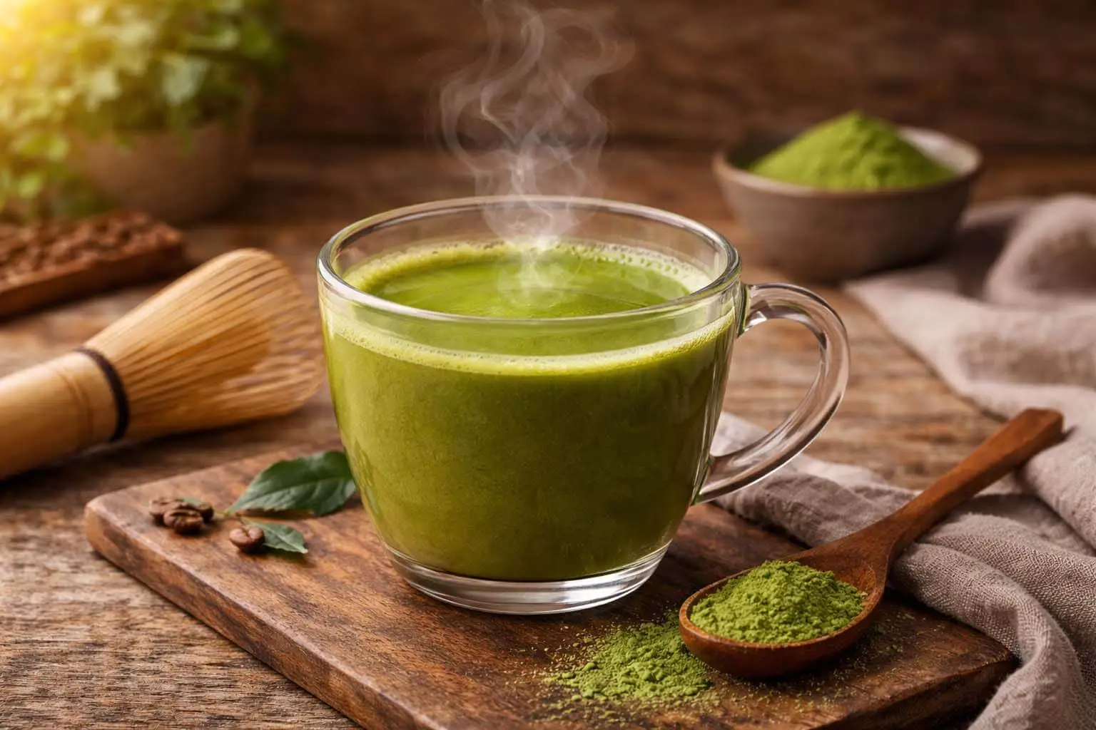 A warm cup of hot matcha green tea with soft steam in a calm minimalist setting