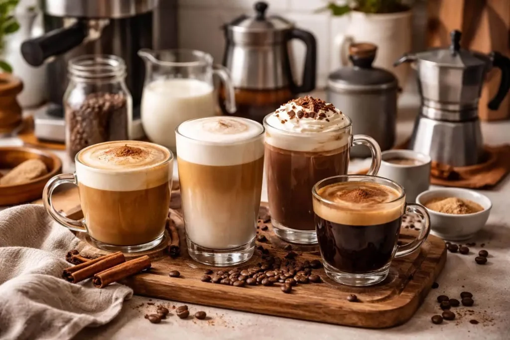 "A cozy arrangement of hot drinks at home: frothy latte, cappuccino with foam, mocha with chocolate drizzle, matcha latte, and hot chocolate on a wooden table."