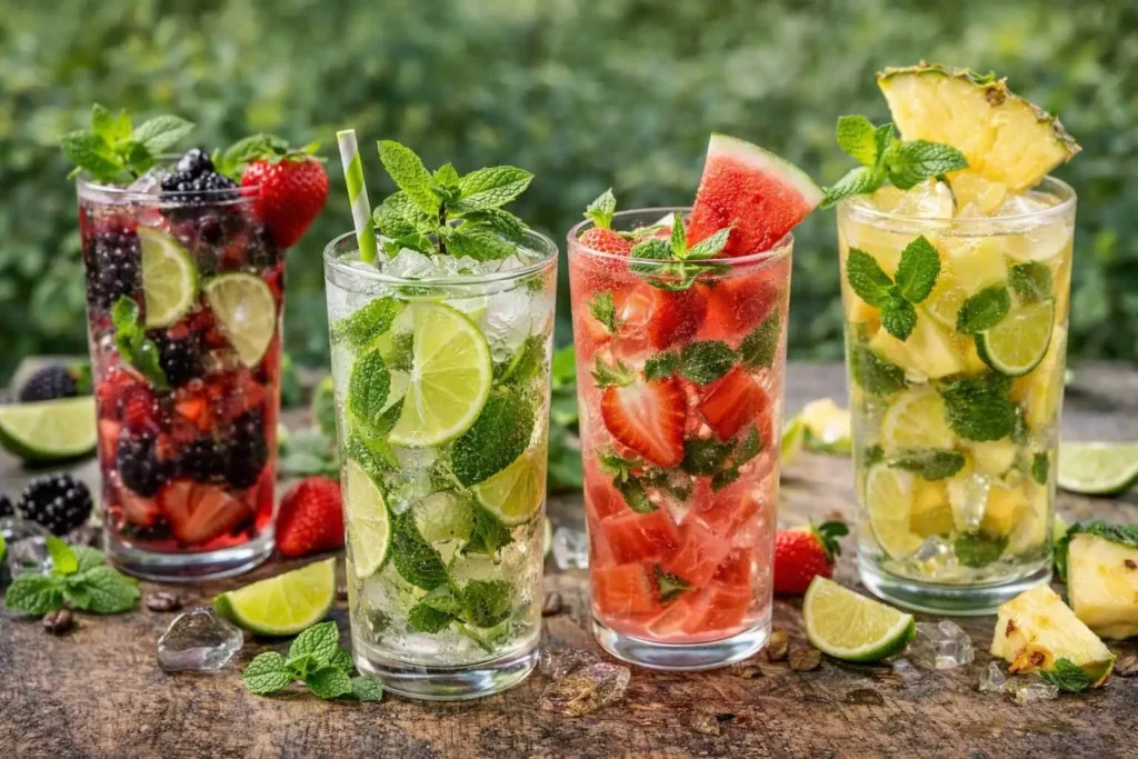 Non-alcoholic mojito variations including classic mint lime mojito with refreshing fruit-based alcohol-free options