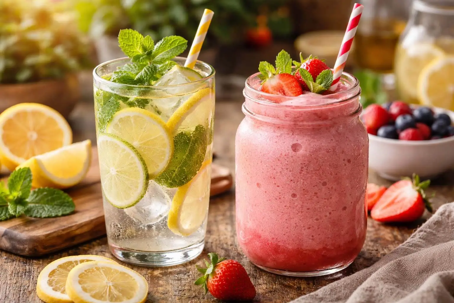 Refreshing homemade cold drinks with citrus water and fruit smoothie on a wooden table