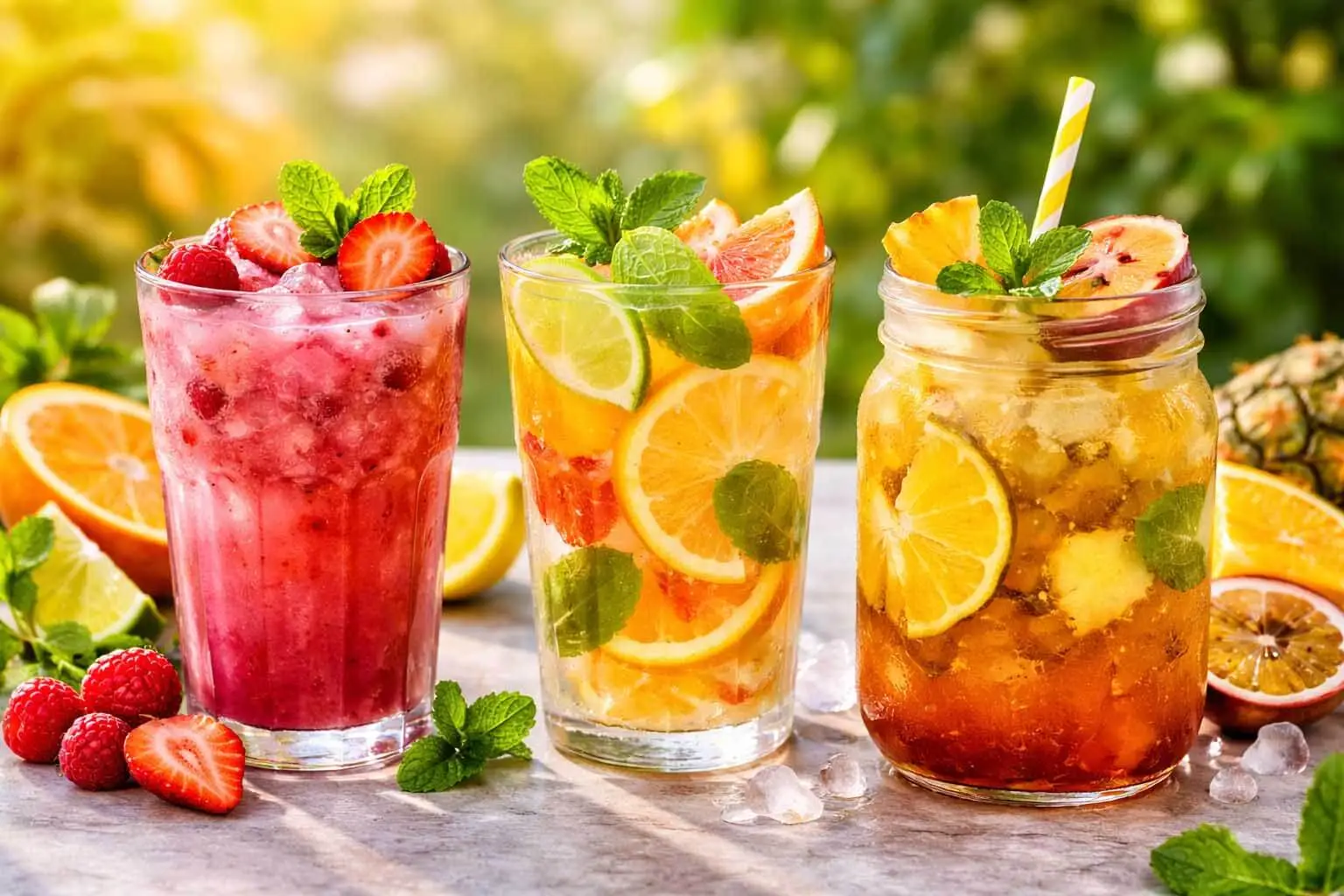 Assorted fruit-based cold drinks served in clear glasses with fresh fruit