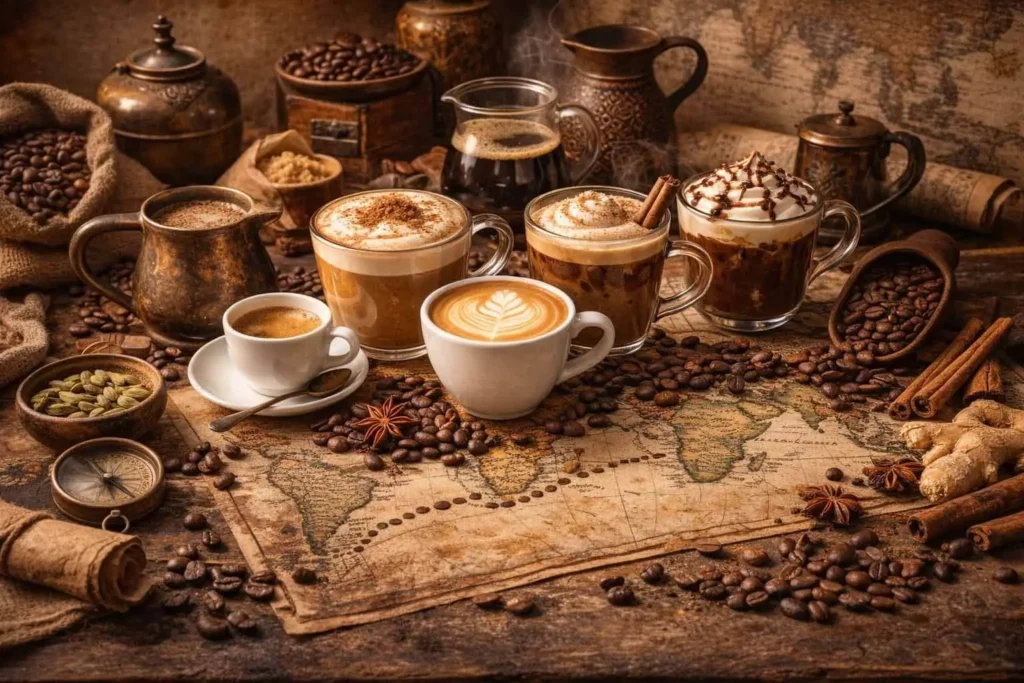 A warm coffee scene showing different coffee drinks made from roasted beans, milk, and spices in a cozy home setting