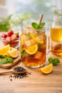 fruit infused iced tea with lemon, strawberries and fresh mint leaves 