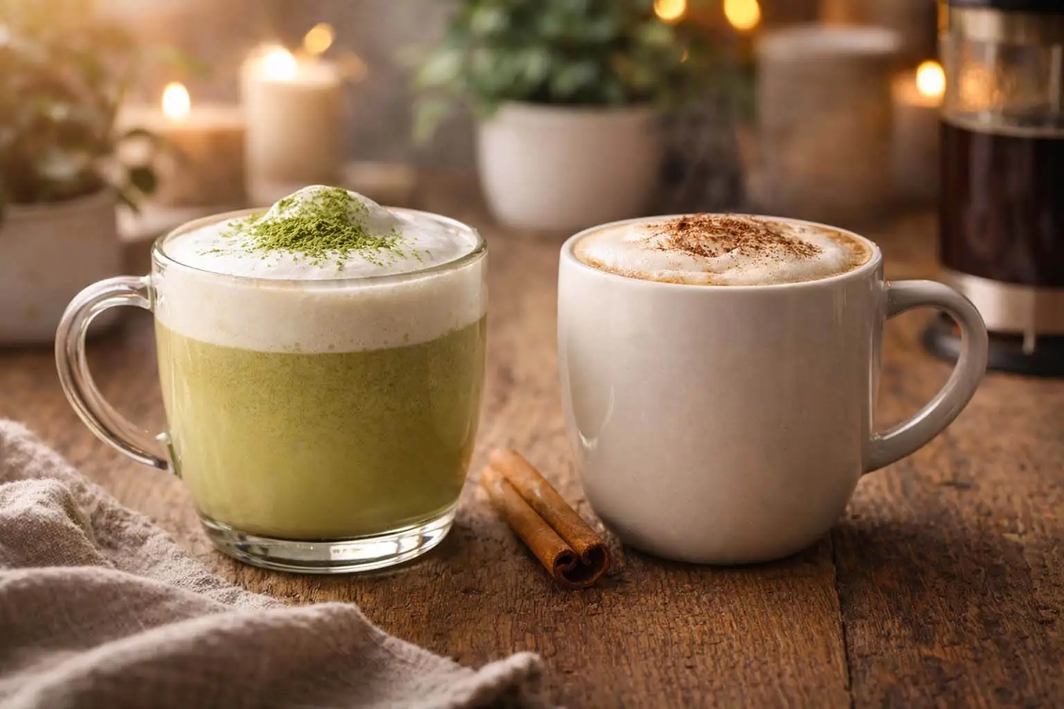 Homemade hot drinks on a kitchen counter, featuring a creamy cappuccino and matcha latte prepared at home