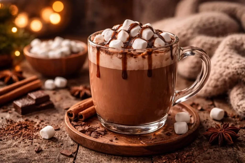 A transparent glass mug filled with rich hot chocolate topped with marshmallows, surrounded by cocoa, cinnamon, and warm winter elements.
