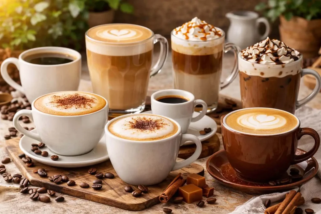 A selection of popular hot coffee drinks served in ceramic cups, representing traditional and modern coffee styles enjoyed worldwide