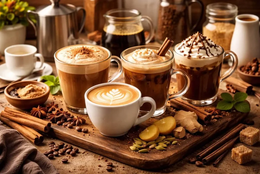 A warm selection of hot coffee drinks including cappuccino, latte, and mocha with spices like cinnamon and ginger on a cozy kitchen table