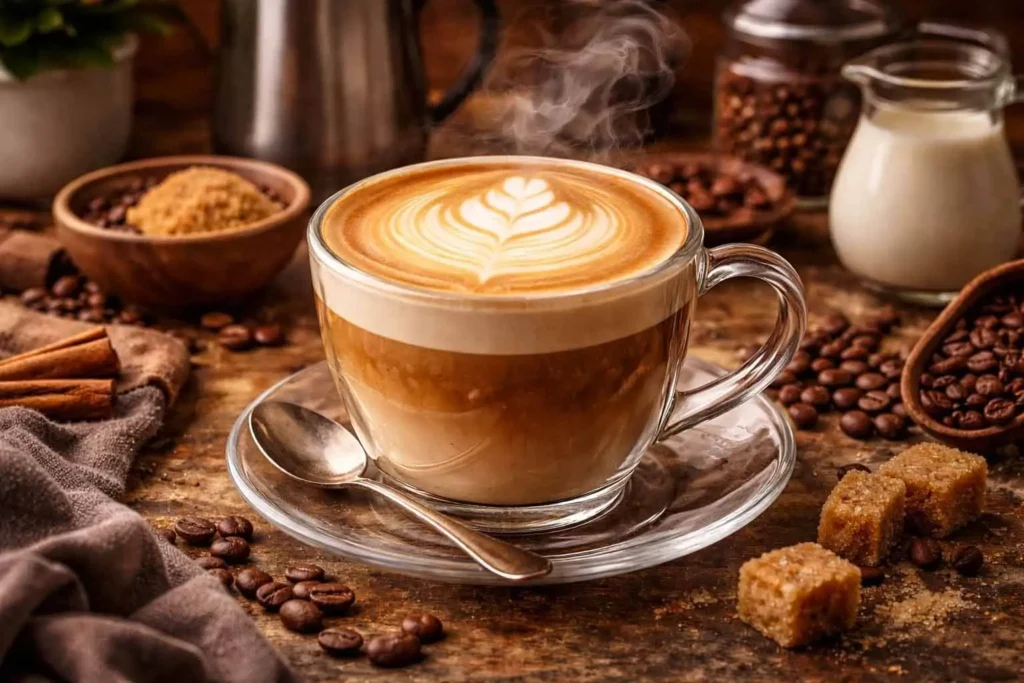 Hot latte served in a ceramic cup with steamed milk foam on a wooden table