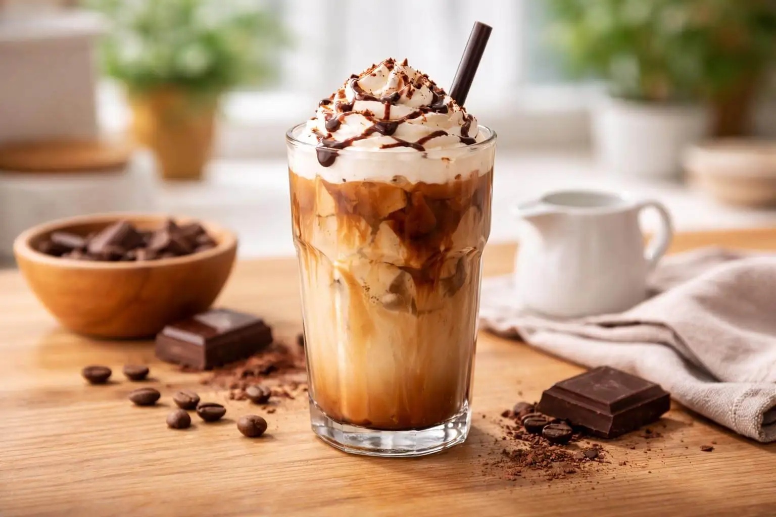 Hot mocha in a clear glass mug with rich chocolate and coffee layers, served warm in a cozy kitchen setting