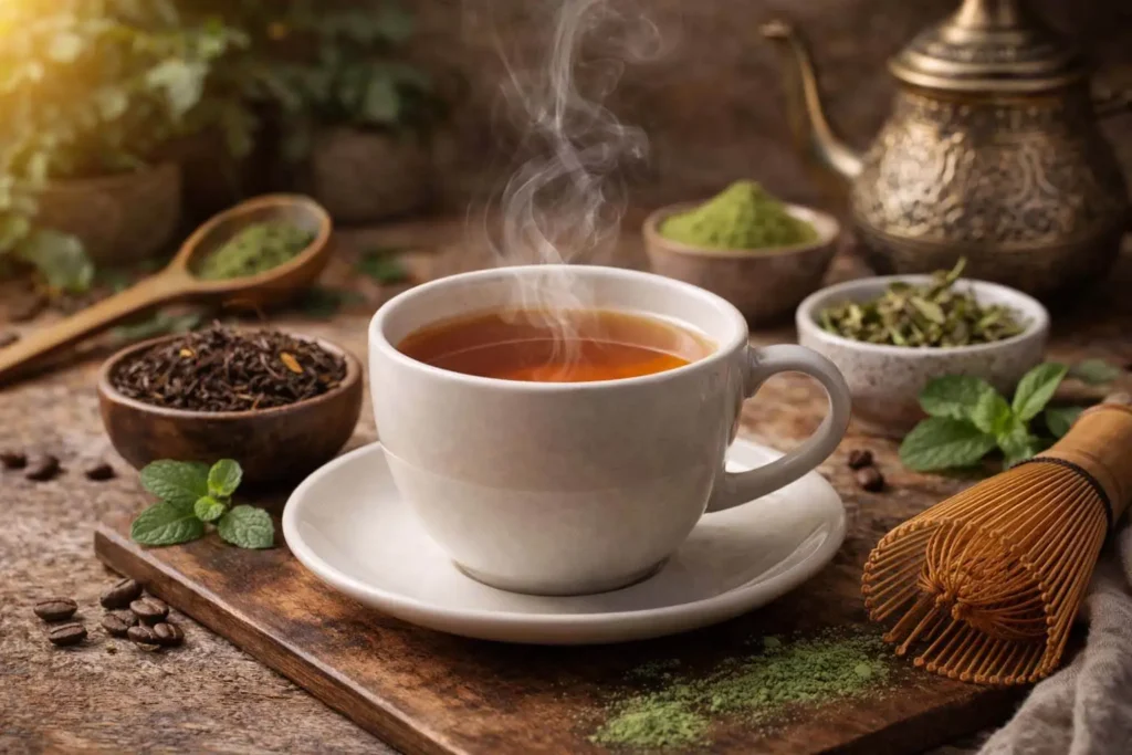 A steaming cup of hot tea surrounded by traditional tea leaves and brewing tools, representing global tea culture and warmth