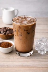 iced chocolate drink with cocoa milk and ice cubes