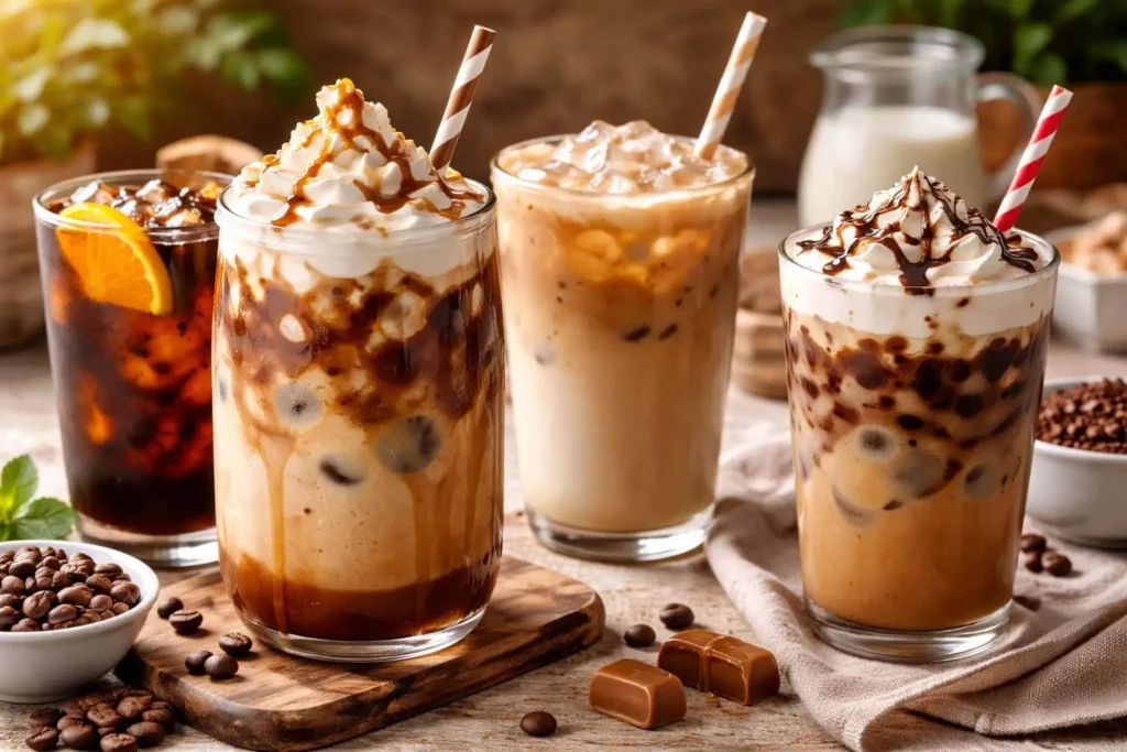 Assorted iced coffee drinks including iced latte, iced americano, iced mocha, and caramel iced coffee on a wooden table