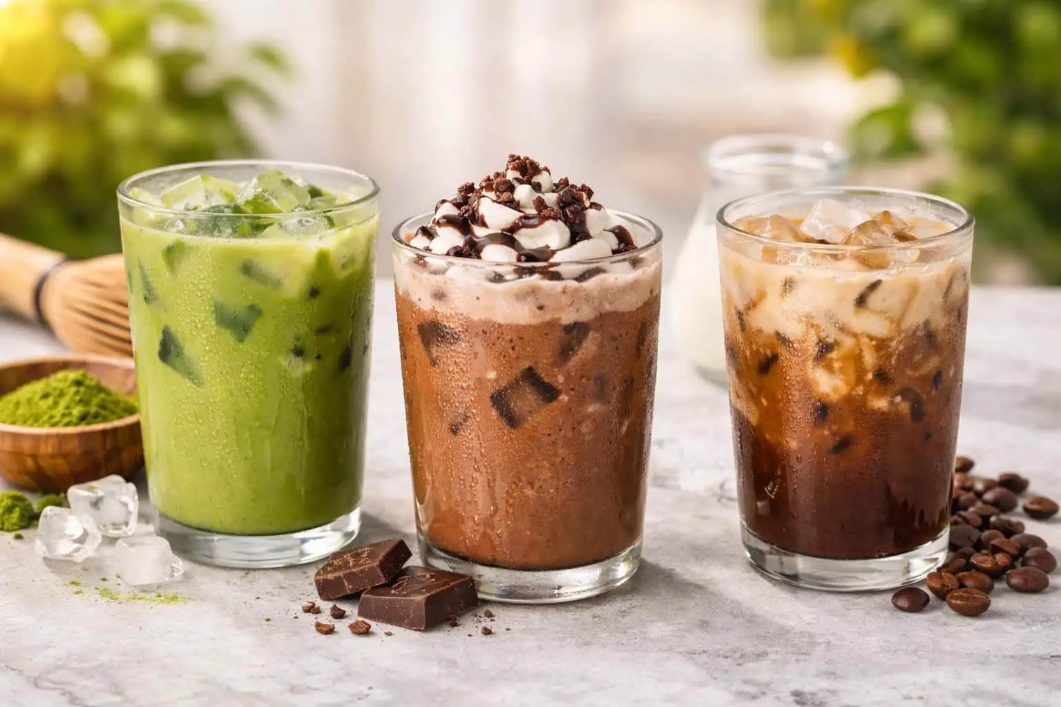 Assorted iced drinks including iced matcha, iced chocolate, and iced mocha served in clear glasses
