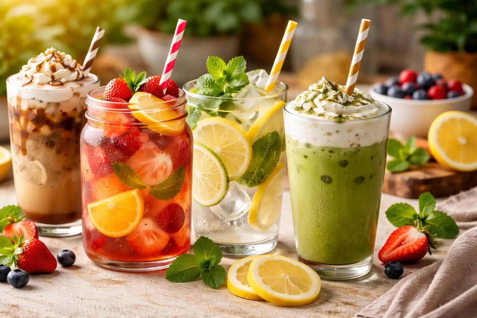 A selection of popular iced drinks including iced coffee, iced tea, and fruit-based cold beverages served on a clean café table