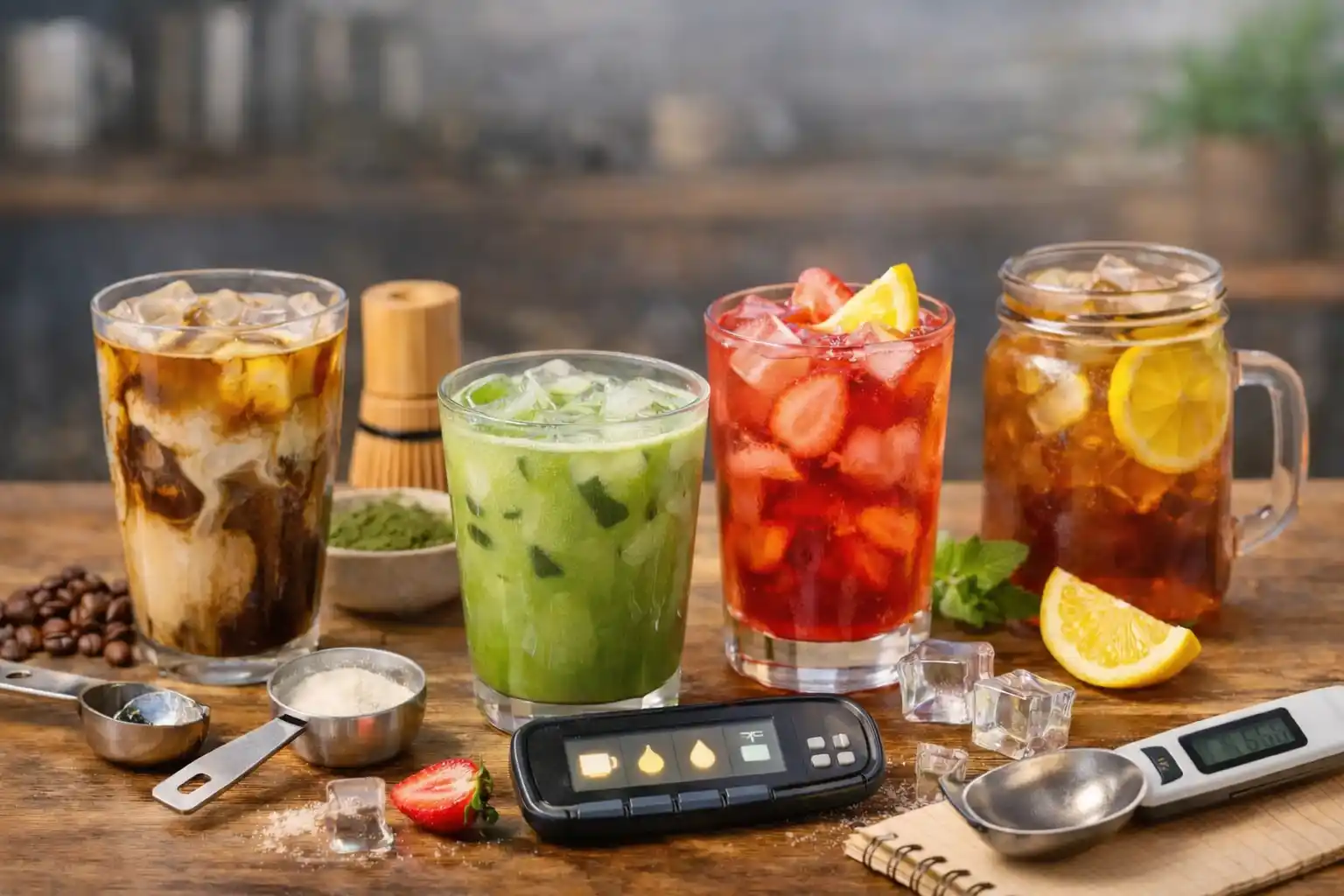 variety of homemade iced drinks including iced coffee matcha latte and fruit refresher on a wooden table