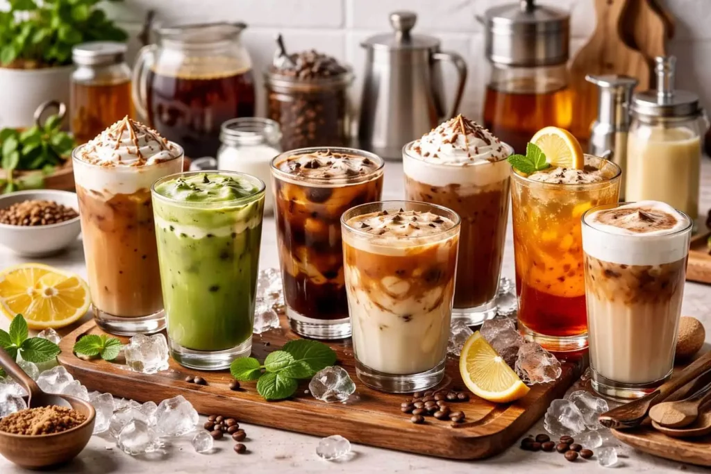 A refreshing variety of homemade iced drinks in glass jars on a wooden table