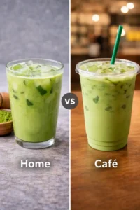 comparison of homemade iced matcha latte and cafe matcha drink