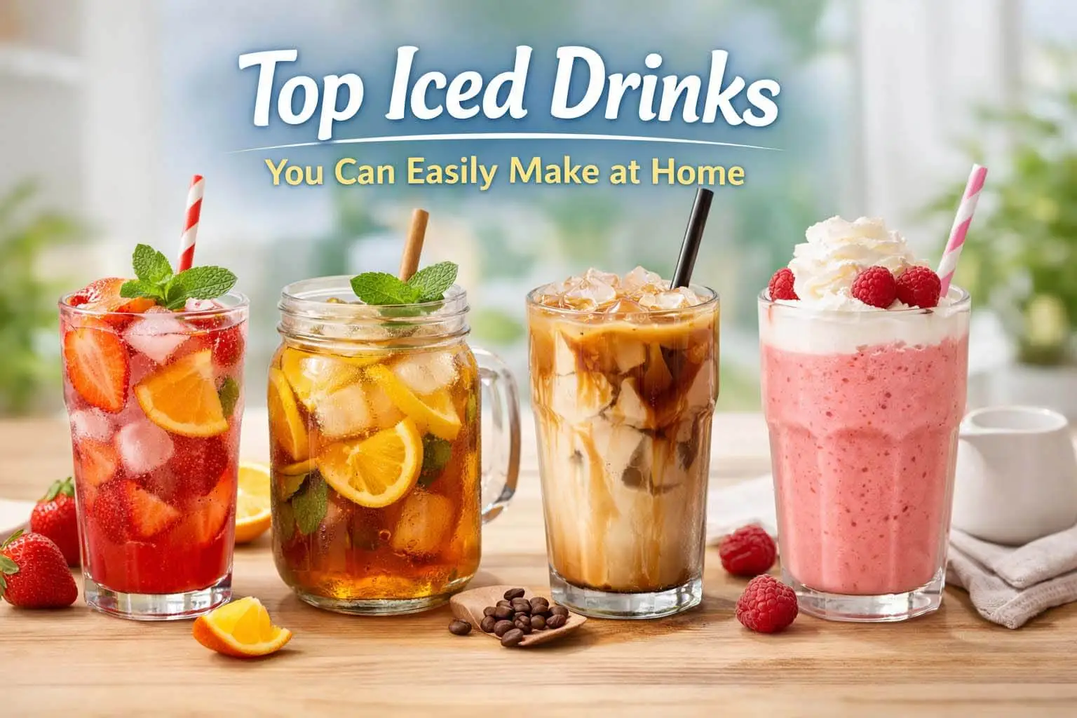 Four refreshing non-alcoholic iced drinks including fruit, tea, and creamy options, served in glasses on a bright background.