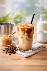 homemade iced latte served in a tall glass with ice cubes
