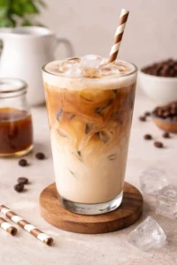 iced latte coffee drink with milk and ice cubes in clear glass