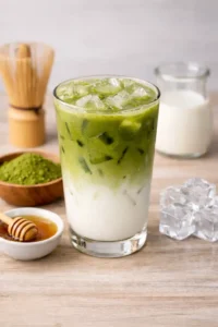 iced matcha latte drink with milk and ice in clear glass