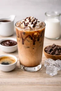 iced mocha coffee drink with chocolate drizzle and ice