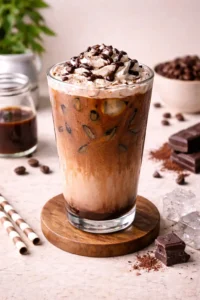 iced mocha coffee with chocolate drizzle and milk foam
