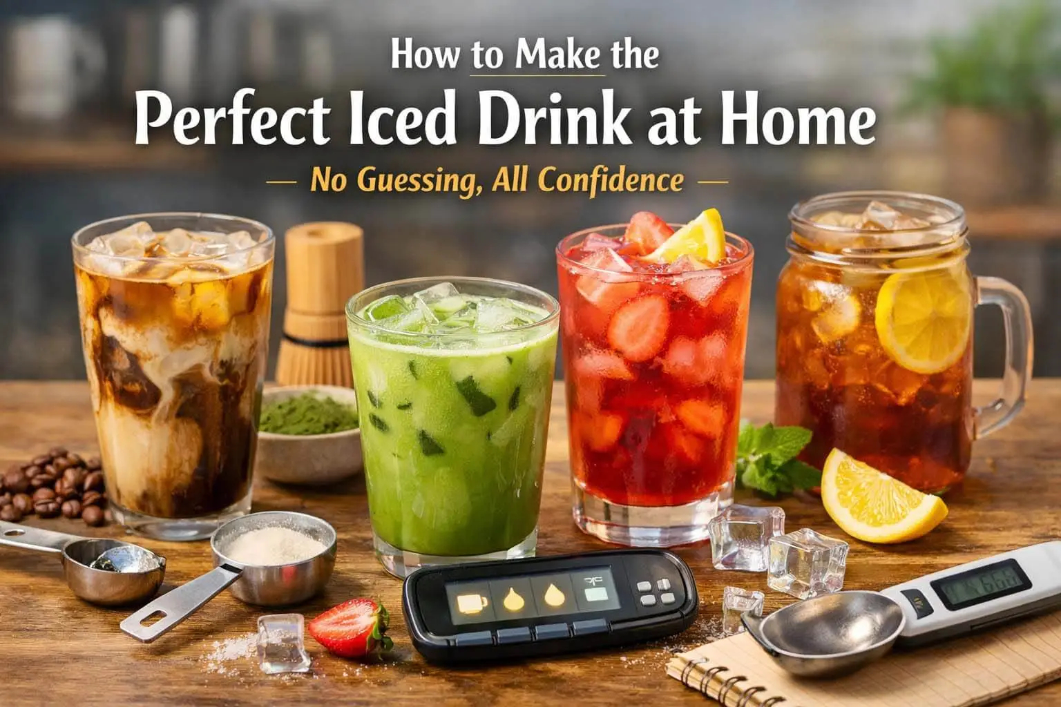 "Four refreshing iced drinks at home on a wooden table: iced coffee, iced matcha, fruit iced drink with strawberries, and iced tea with lemon slices. Tools for measuring ingredients and SpoonCalc Drink Calculator visible, highlighting homemade drink balance and freshness."