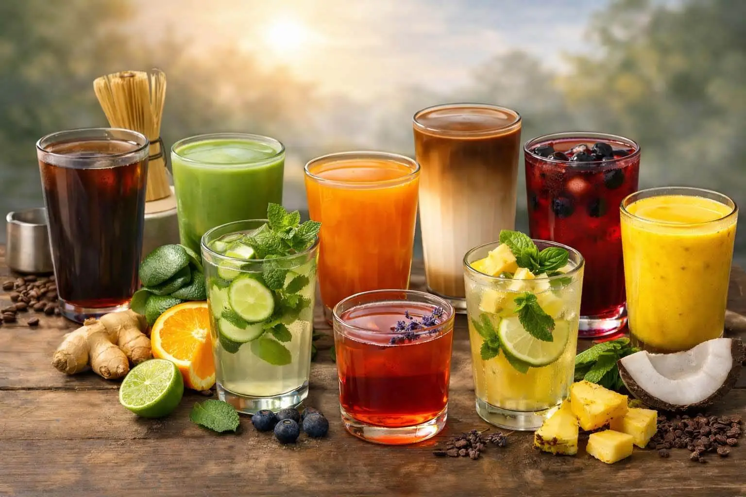 "A variety of refreshing morning drinks on a minimalist wooden table, featuring iced matcha and cold brew, optimized in webp format for fast loading and seamless user experience."
