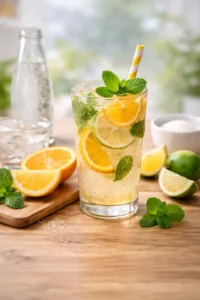 sparkling citrus refresher with orange, lemon and mint served over ice