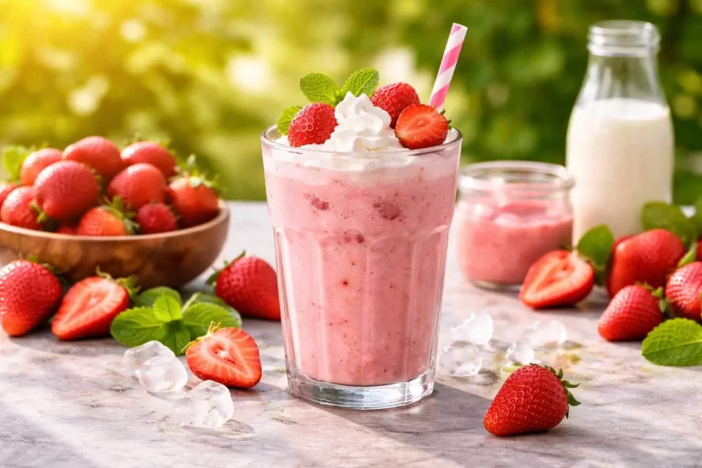 Creamy strawberry milkshake served in a clear glass with fresh strawberries and milk on a vibrant background