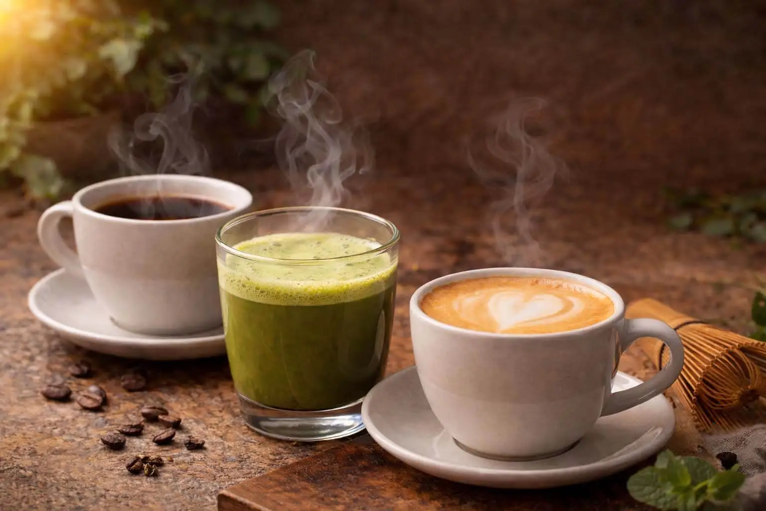 A warm cup of morning drink on a table with soft sunlight in a calm kitchen setting