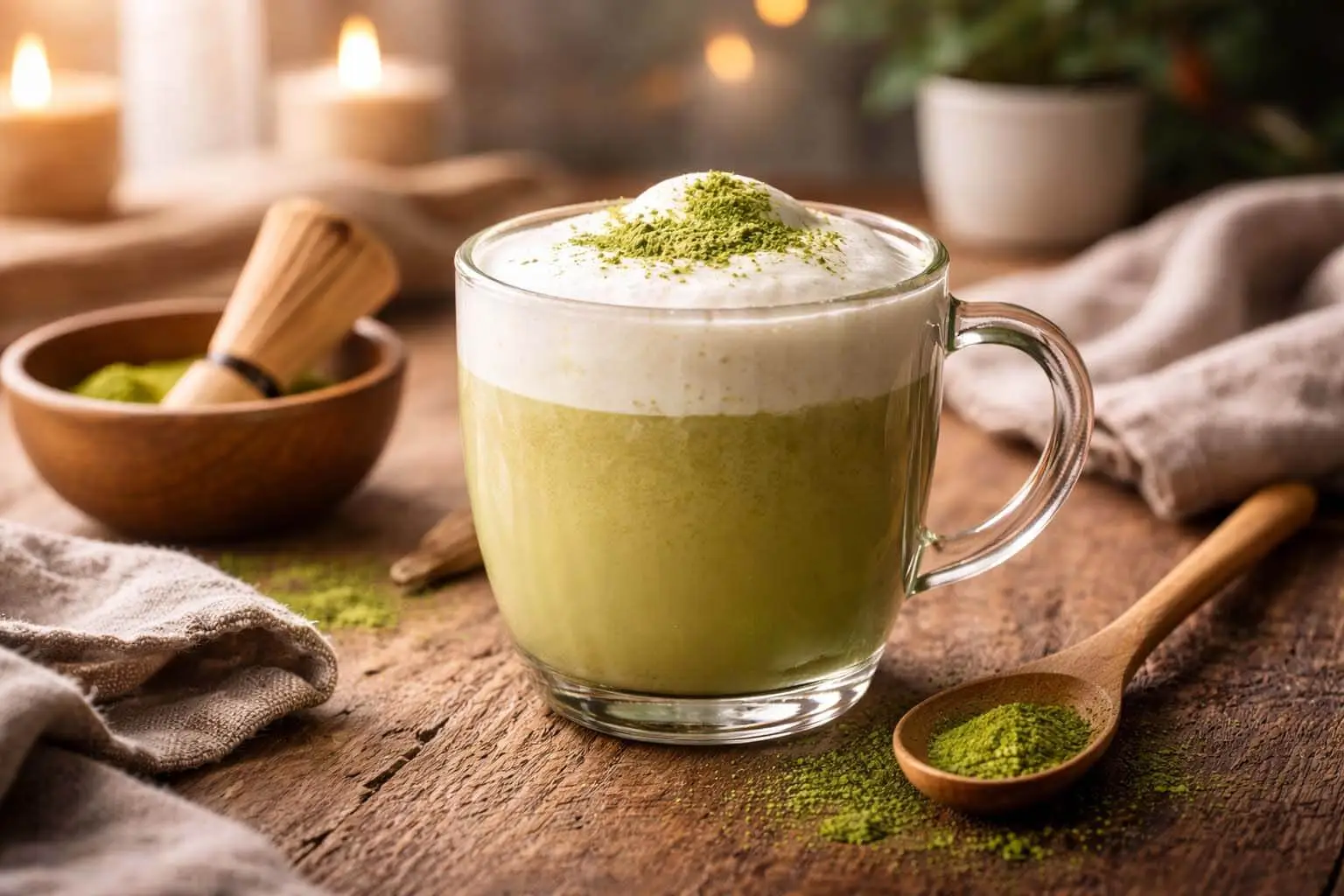 Warm, inviting matcha in a glass cup, perfect for cold weather enjoyment