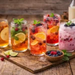 Five refreshing cold fruit drinks in clear glasses on a rustic wooden table with fresh berries, citrus slices, herbs, and simple kitchen tools in the background.