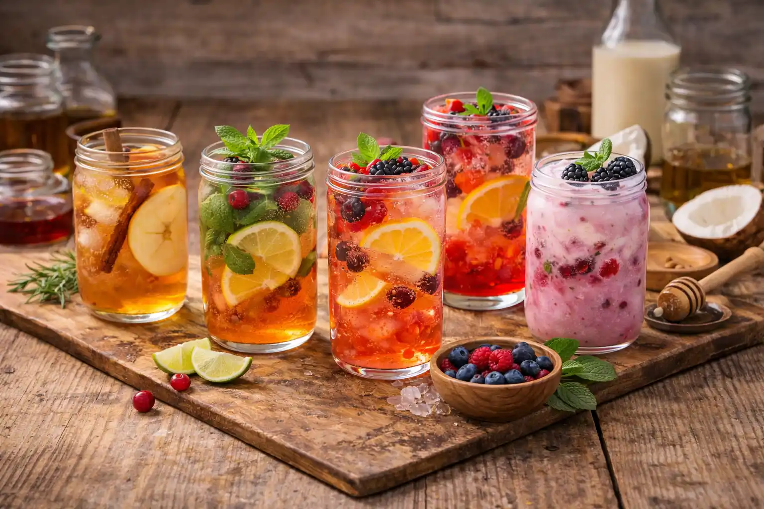 Five refreshing cold fruit drinks in clear glasses on a rustic wooden table with fresh berries, citrus slices, herbs, and simple kitchen tools in the background.