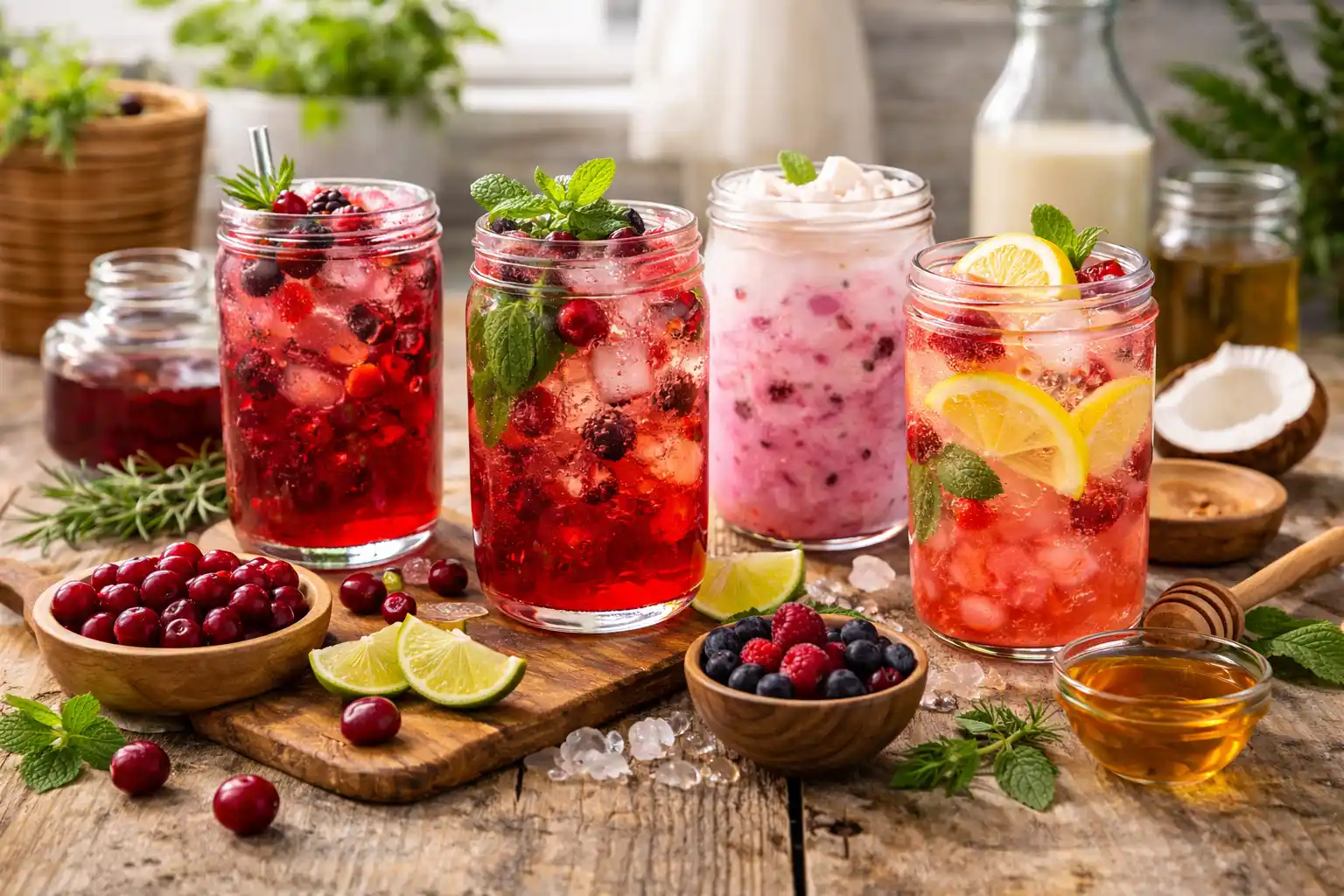 cranberry and roseberry cold drinks served in clear glasses with fresh berries, ice cubes, and natural ingredients on a bright kitchen table