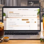 Laptop showing SpoonCalc drink calculator beside homemade iced drinks on kitchen counter.