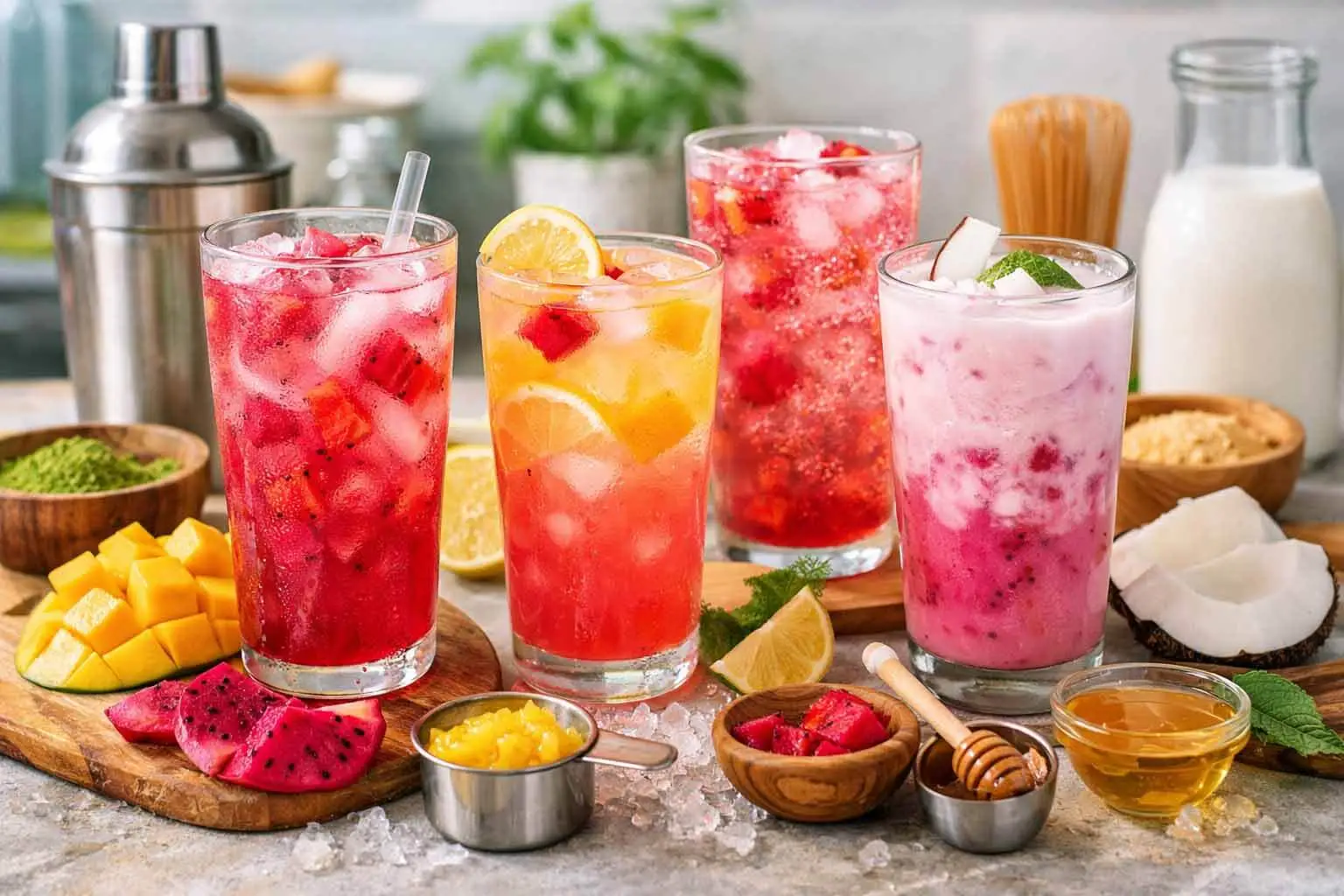 Iced mango dragonfruit refresher served in a clear glass with ice, fresh mango, dragonfruit pieces, and natural ingredients on a bright kitchen counter