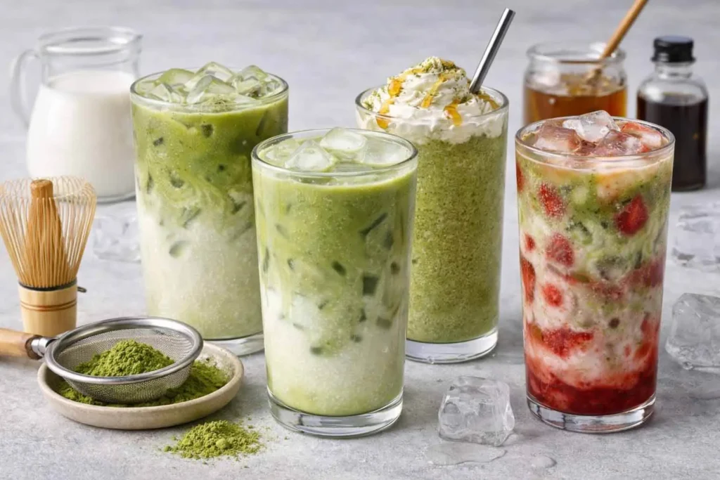 Iced matcha drinks served in clear glasses with ice cubes, showing different matcha variations alongside matcha powder, bamboo whisk, and traditional preparation tools on a clean kitchen surface.