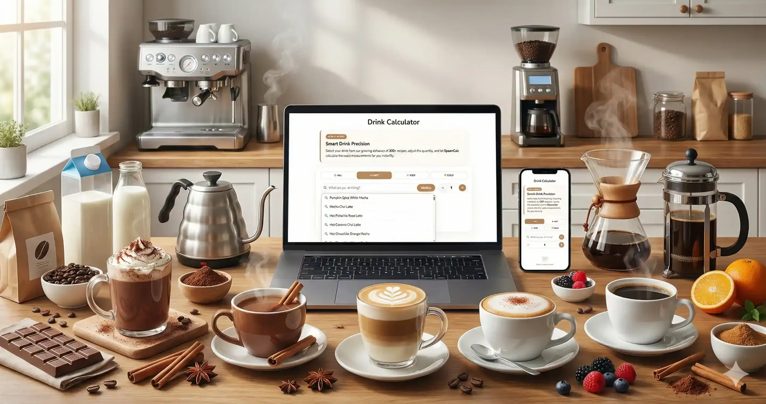 A cozy professional kitchen setup featuring various hot beverages like Latte and Mocha, with a laptop and smartphone displaying the SpoonCalc drink calculator interface for precise recipes