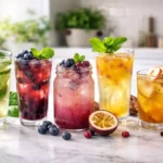 Five homemade cold drinks in clear glasses with berries, lime, basil, passionfruit, and apple cinnamon on a modern kitchen counter.