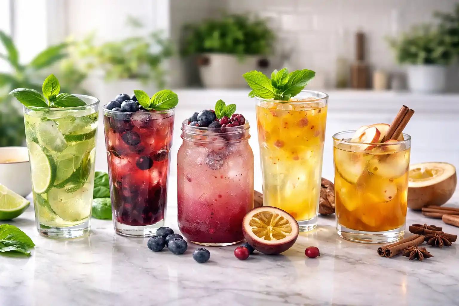 Five homemade cold drinks in clear glasses with berries, lime, basil, passionfruit, and apple cinnamon on a modern kitchen counter.