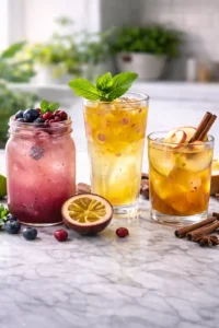 Three refreshing cold drinks in clear glasses with berries, passionfruit pulp, and apple cinnamon garnish