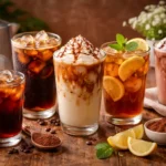 homemade iced drinks including iced latte cold brew iced tea and caramel latte in clear glasses